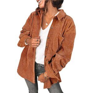 Womens Corduroy Shirt Long Sleeve Oversized Button Up V Neck Blouses
